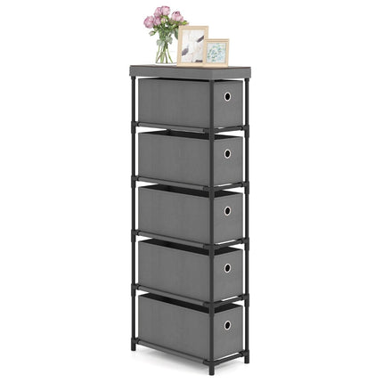 Narrow 5-Drawer Storage Tower, Metal Frame, Wood Top