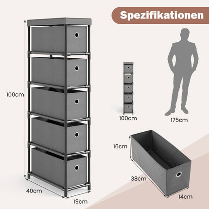 Narrow 5-Drawer Storage Tower, Metal Frame, Wood Top