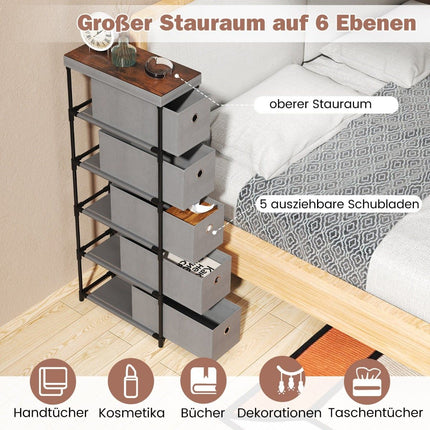 Narrow 5-Drawer Storage Tower, Metal Frame, Wood Top