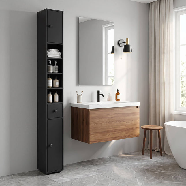 Narrow Bathroom Cabinet, 180cm Tall, Black