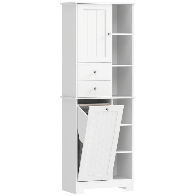 Narrow Bathroom Cabinet With Hamper, 2 Drawers, White