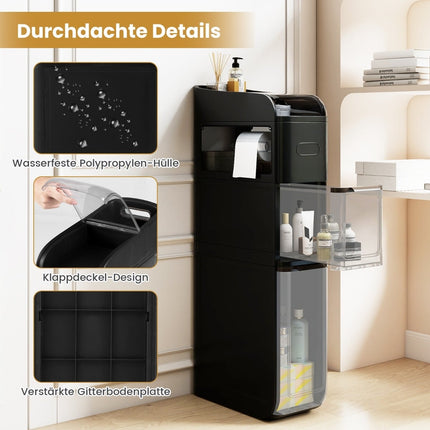 Narrow Bathroom Cabinet with 2 Drawers, Tissue Box, Black