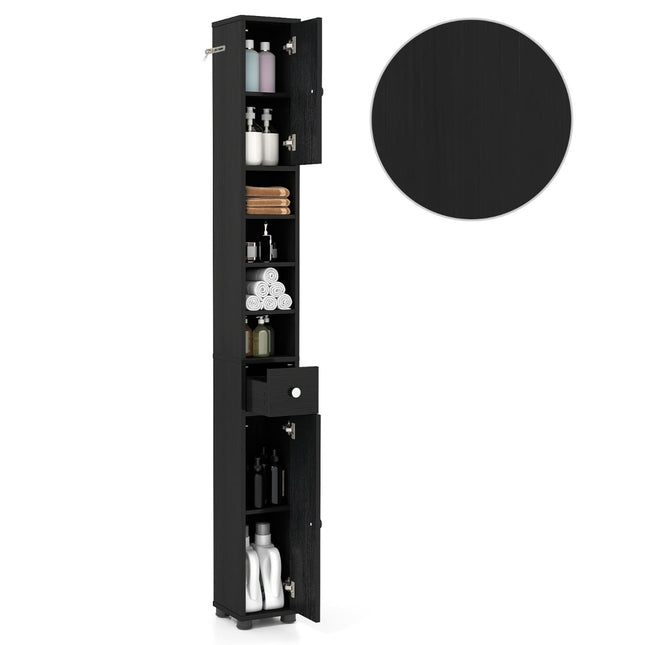 Narrow Bathroom Cabinet with Adjustable Shelves, Black MDF