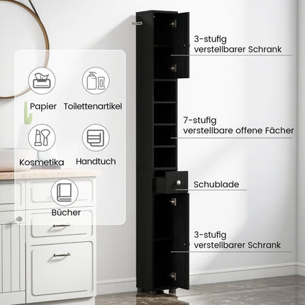 Narrow Bathroom Cabinet with Adjustable Shelves, Black MDF