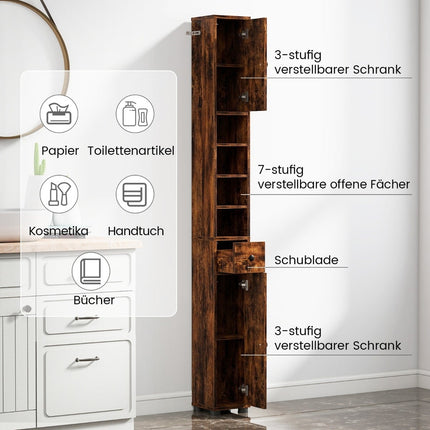 Narrow Bathroom Cabinet with Adjustable Shelves, Drawer