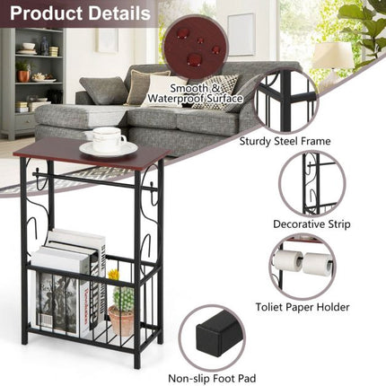 Narrow Bathroom Side Table with Toilet Paper Holder, Basket