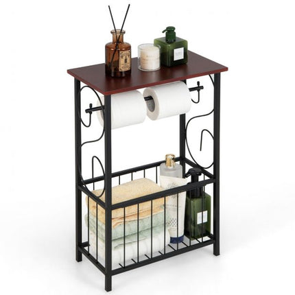 Narrow Bathroom Side Table with Toilet Paper Holder, Basket