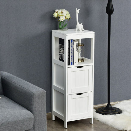 Narrow Bathroom Storage Cabinet, 2 Drawers, Open Shelf, White