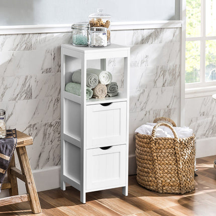 Narrow Bathroom Storage Cabinet, 2 Drawers, Open Shelf, White