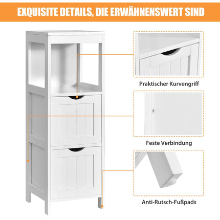Narrow Bathroom Storage Cabinet, 2 Drawers, Open Shelf, White