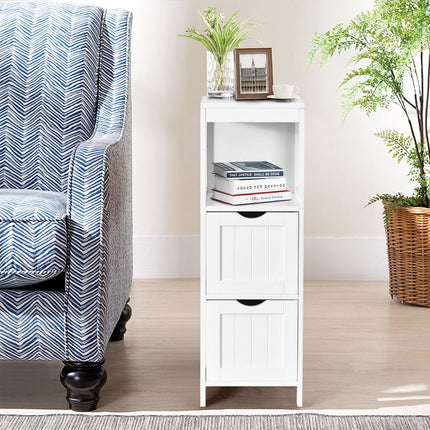 Narrow Bathroom Storage Cabinet, 2 Drawers, Open Shelf, White