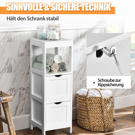 Narrow Bathroom Storage Cabinet, 2 Drawers, Open Shelf, White