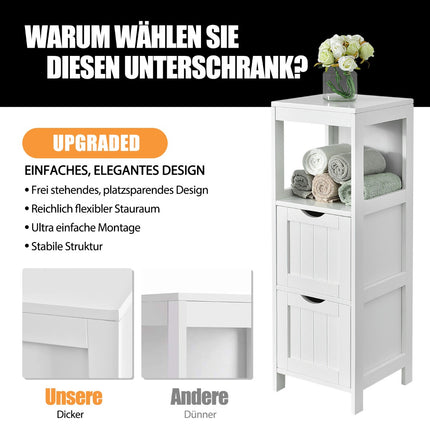 Narrow Bathroom Storage Cabinet, 2 Drawers, Open Shelf, White