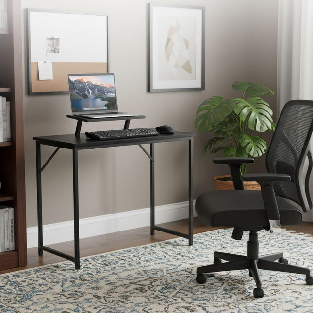 Narrow Black Computer Desk with Monitor Shelf