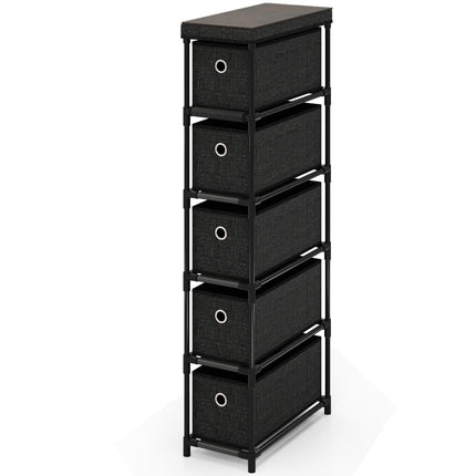 Narrow Black Storage Tower with 5 Drawers, Metal Frame