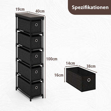 Narrow Black Storage Tower with 5 Drawers, Metal Frame