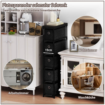 Narrow Black Storage Tower with 5 Drawers, Metal Frame