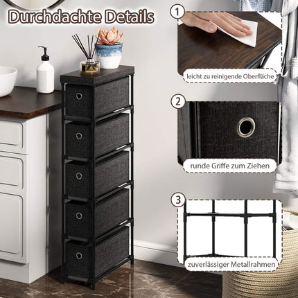 Narrow Black Storage Tower with 5 Drawers, Metal Frame