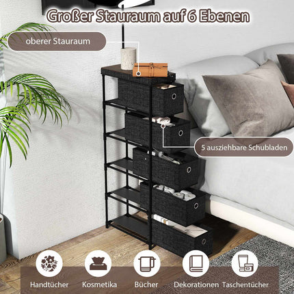 Narrow Black Storage Tower with 5 Drawers, Metal Frame
