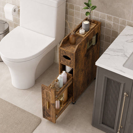 Narrow Brown Bathroom Cabinet with Drawer and Tissue Box
