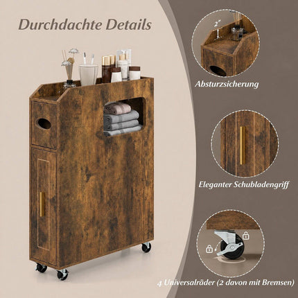 Narrow Brown Bathroom Cabinet with Drawer and Tissue Box
