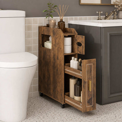 Narrow Brown Bathroom Cabinet with Drawer and Tissue Box