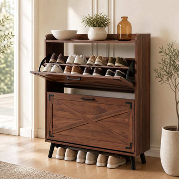 Narrow Brown Shoe Cabinet with Adjustable Shelves, 2 Drawers