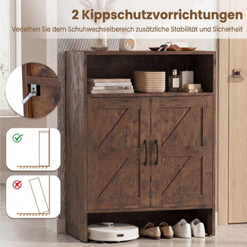 Narrow Brown Shoe Storage Cabinet with Open Shelf