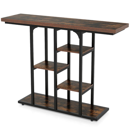 Narrow Console Table 109 cm with 4 Open Storage Shelves, Rustic Brown & Black