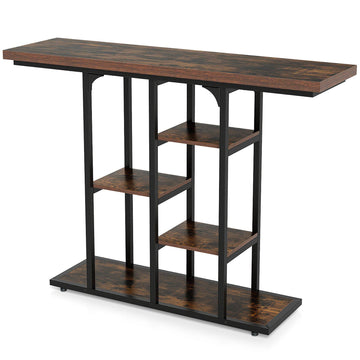 Narrow Console Table 109 cm with 4 Open Storage Shelves, Rustic Brown & Black