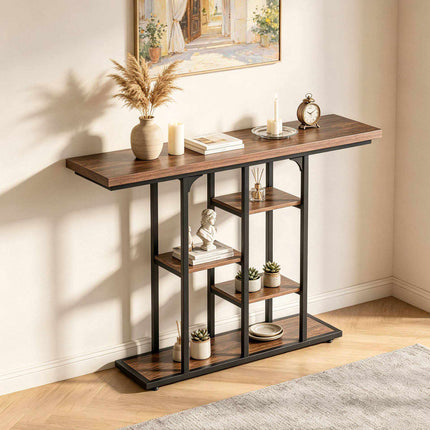 Narrow Console Table 109 cm with 4 Open Storage Shelves, Rustic Brown & Black