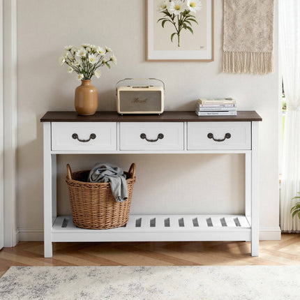Narrow Console Table 120 cm, 3 Drawers, Shelf, Brown White