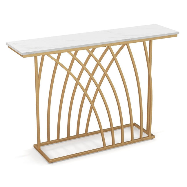 Narrow Console Table, Faux Marble Top, Gold Metal Frame