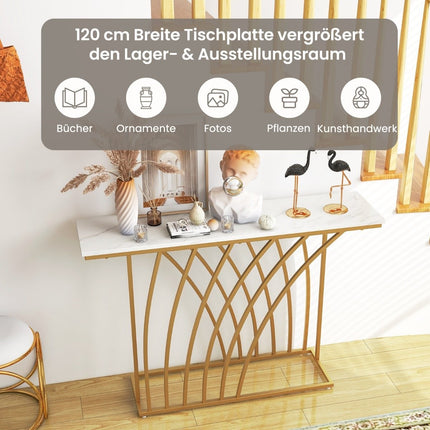 Narrow Console Table, Faux Marble Top, Gold Metal Frame