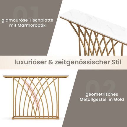 Narrow Console Table, Faux Marble Top, Gold Metal Frame