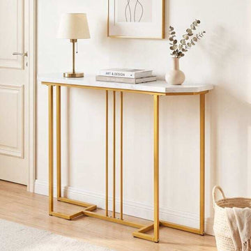 Narrow Console Table, White Marble Top, Gold Geometric Frame