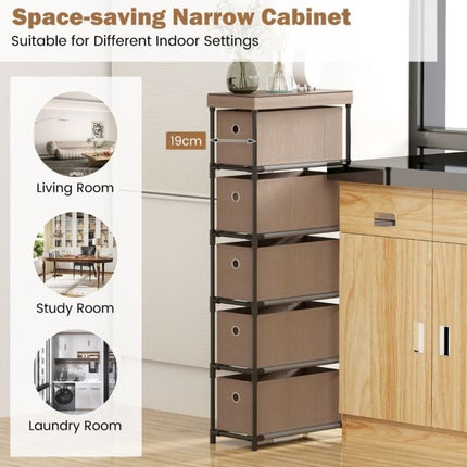 Narrow Dresser, 5 Drawers, Metal Frame, Wood Top