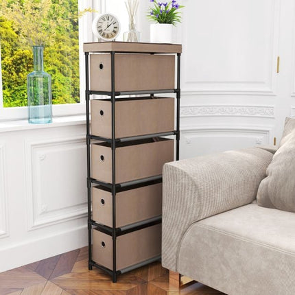 Narrow Dresser, 5 Drawers, Metal Frame, Wood Top