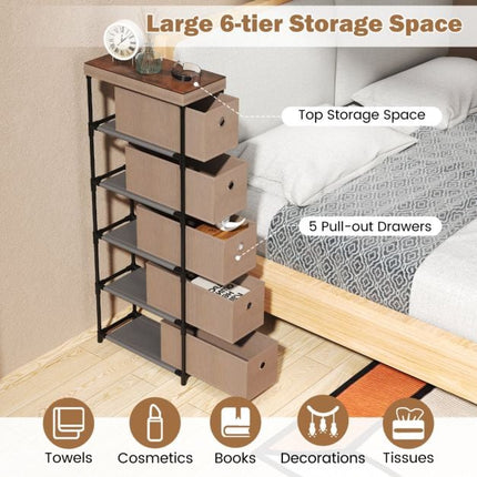 Narrow Dresser, 5 Drawers, Metal Frame, Wood Top
