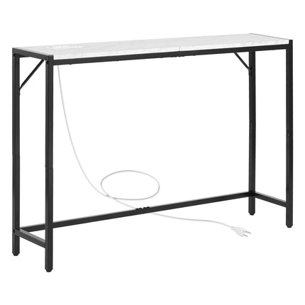 Narrow Faux Marble Console Table With Power Outlet, Metal Frame