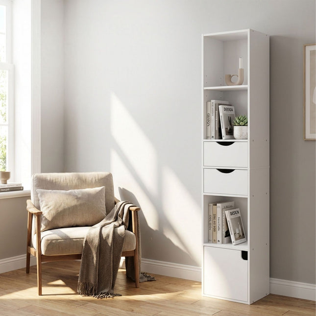 Narrow Freestanding Bookcase with Drawers and Cupboard