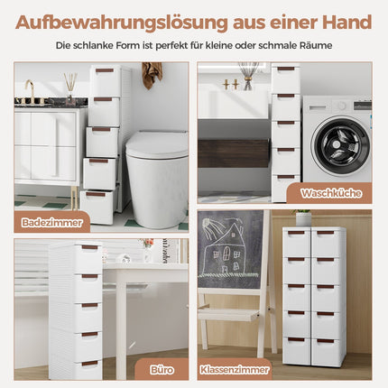 Narrow Rolling Storage Cart, 5 Drawers, 20cm Wide, White