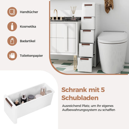 Narrow Rolling Storage Cart, 5 Drawers, 20cm Wide, White