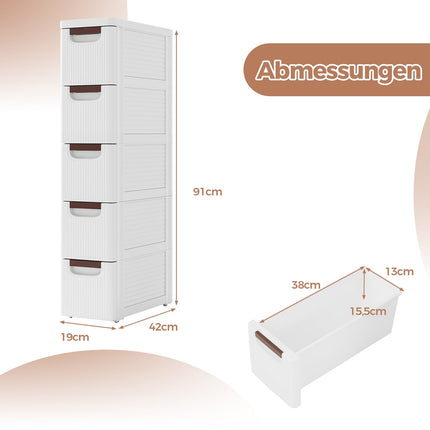 Narrow Rolling Storage Cart, 5 Drawers, 20cm Wide, White