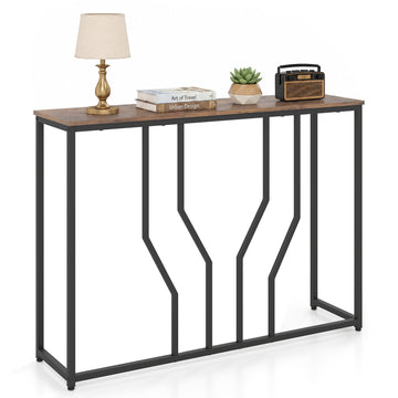 Narrow Rustic Brown Console Table, Metal Frame, 110x30x80 cm