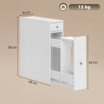 Narrow White Bathroom Cabinet with 2 Drawers, MDF 16x48x58 cm