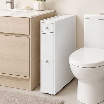 Narrow White Bathroom Cabinet with 2 Drawers, MDF 16x48x58 cm