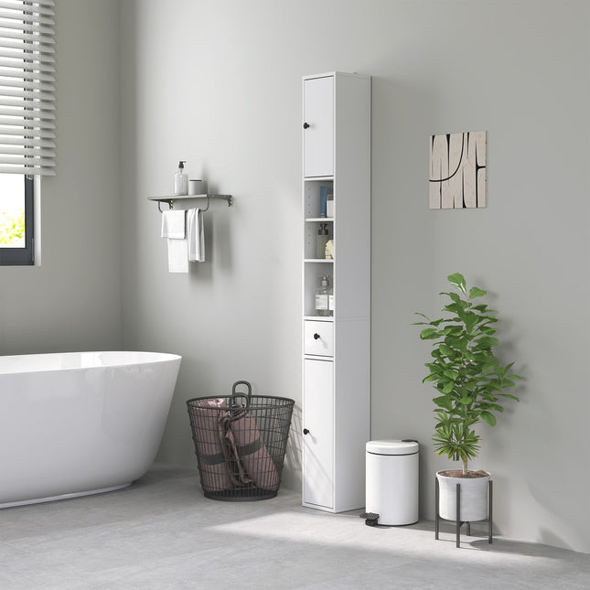 Smalle badkamerkast, hoge toiletkast met lade, 3 open vakken, verstelbare plank, badkamerkast voor kleine kamers, badkamer, woonkamer 20 x 20 x 178 cm wit Aosom