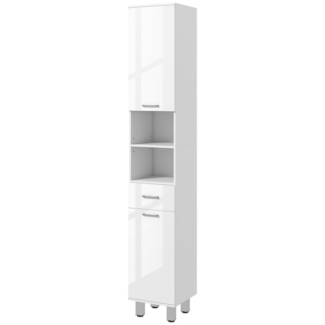 Tall white bathroom cabinet with adjustable shelf and drawers