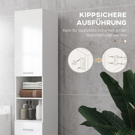Tall white bathroom cabinet with adjustable shelf and drawers